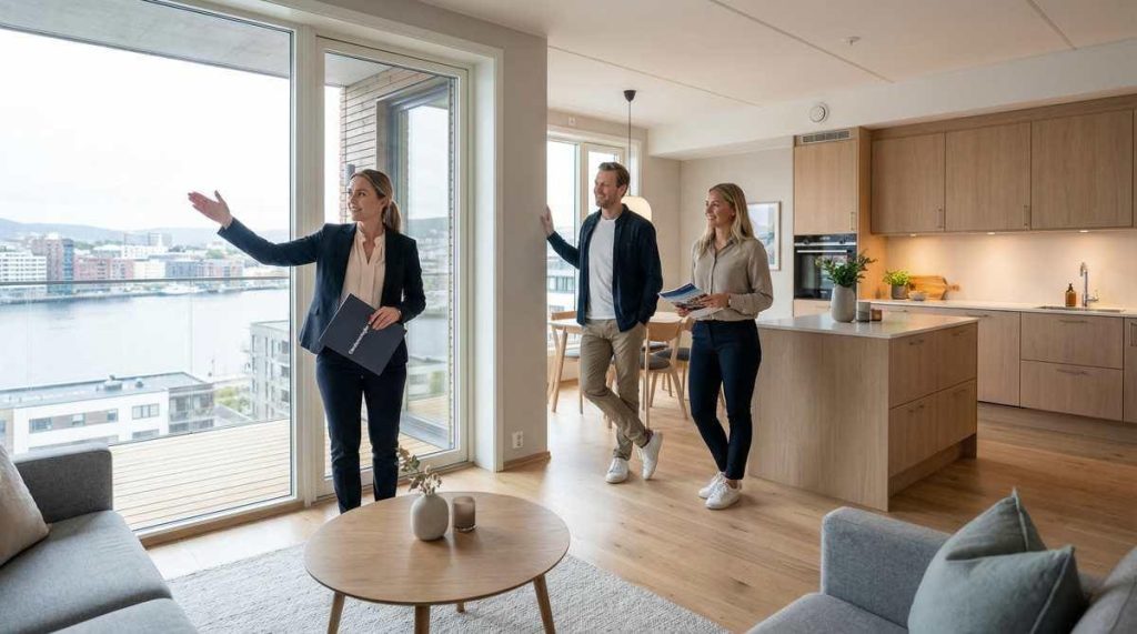 Agente inmobiliario enseñando un piso a una pareja de compradores
